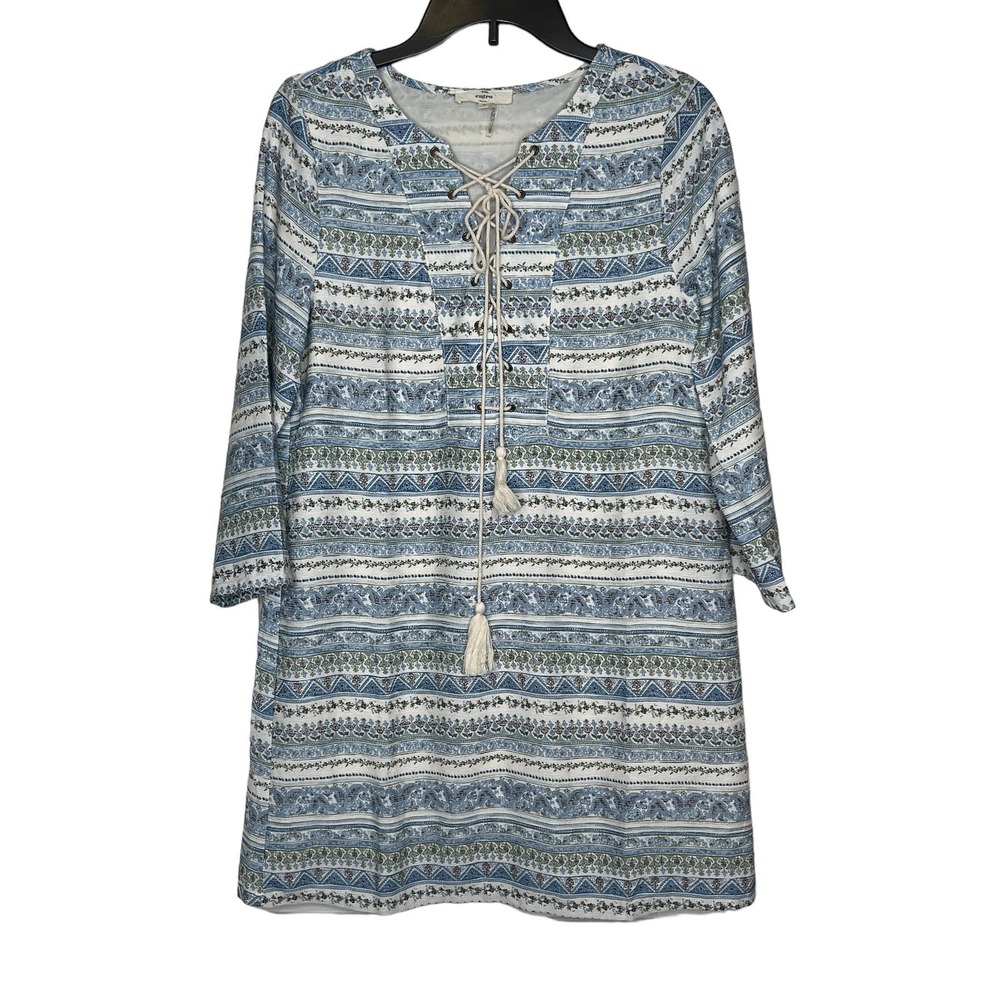 Entro Women's‎ Shift Dress Tunic Floral Tasseled Tie Long Sleeve Lace Up Small